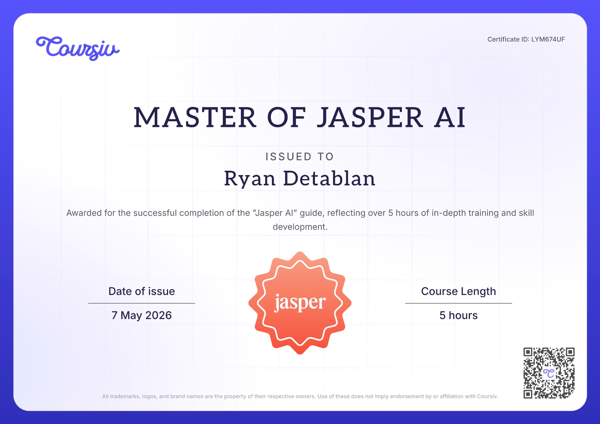 Master of Jasper AI certification badge
