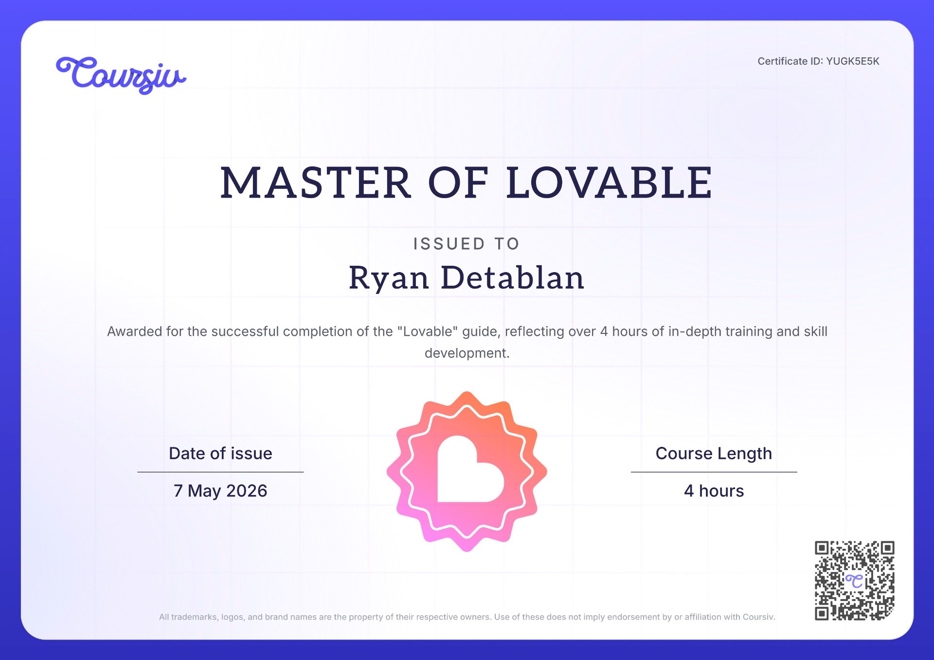 Master of Lovable certification badge